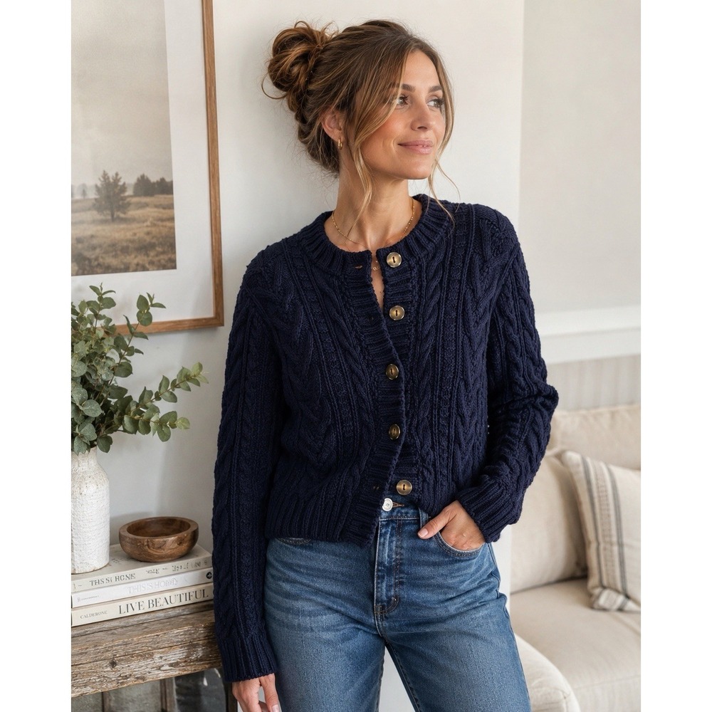 Vintage J.Crew Navy Cable Knit Cardigan M Linen Cotton Fisherman Sweater 90s